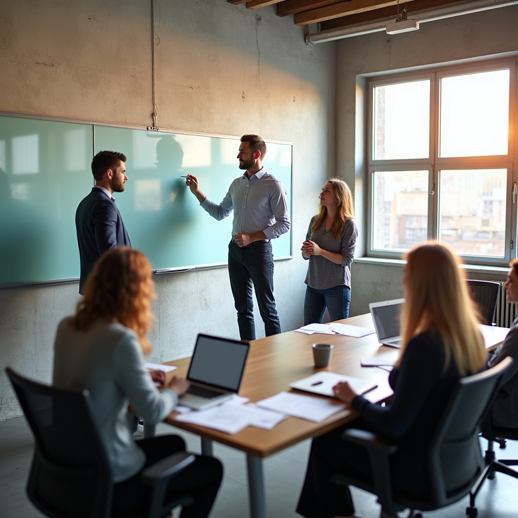 Prowadzący kurs pracuje z grupą uczestników przy tablicy
